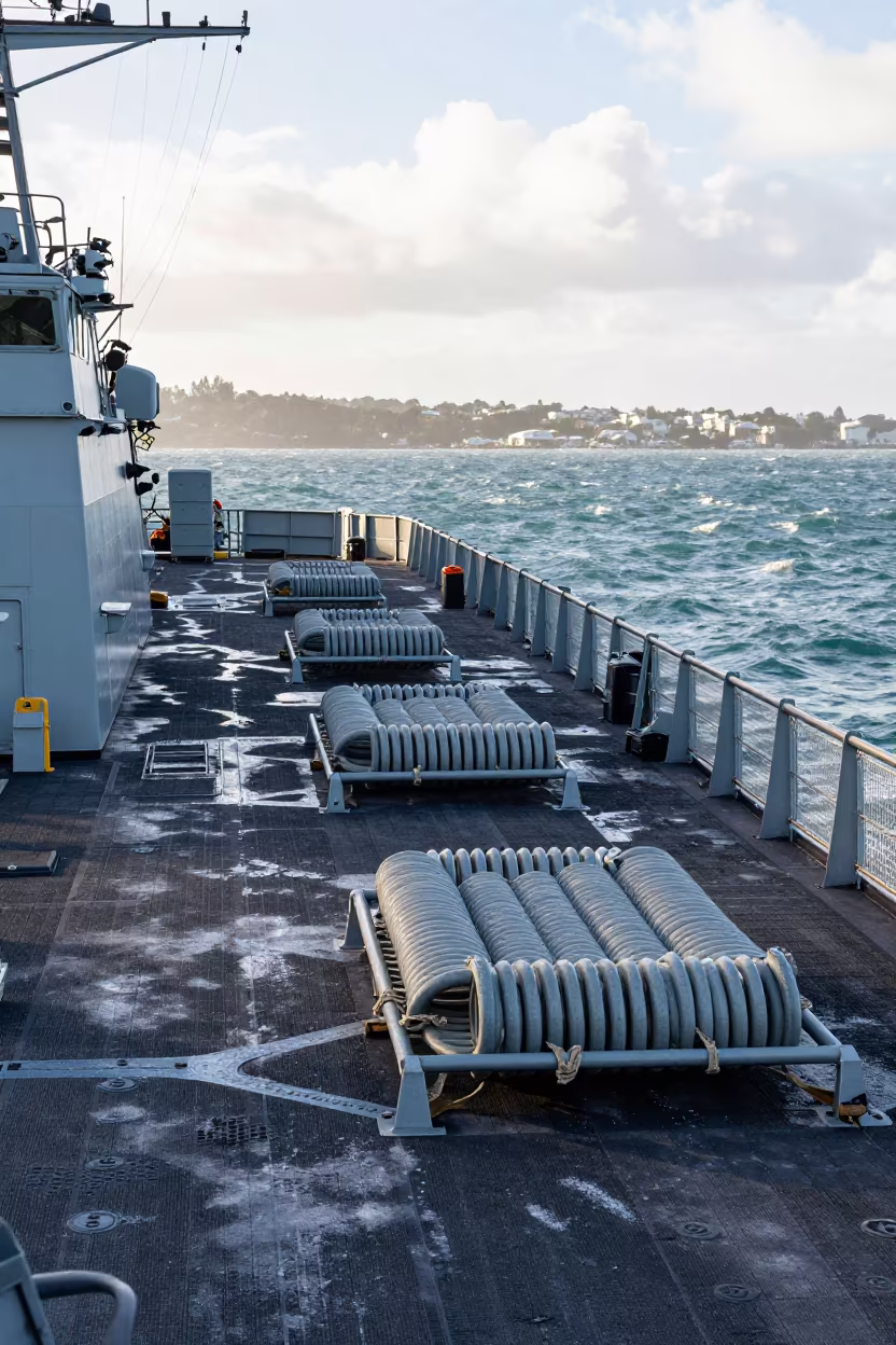 Naval Deck Coil Racks Before Formation in on a naval deck in rough wind in Auckland