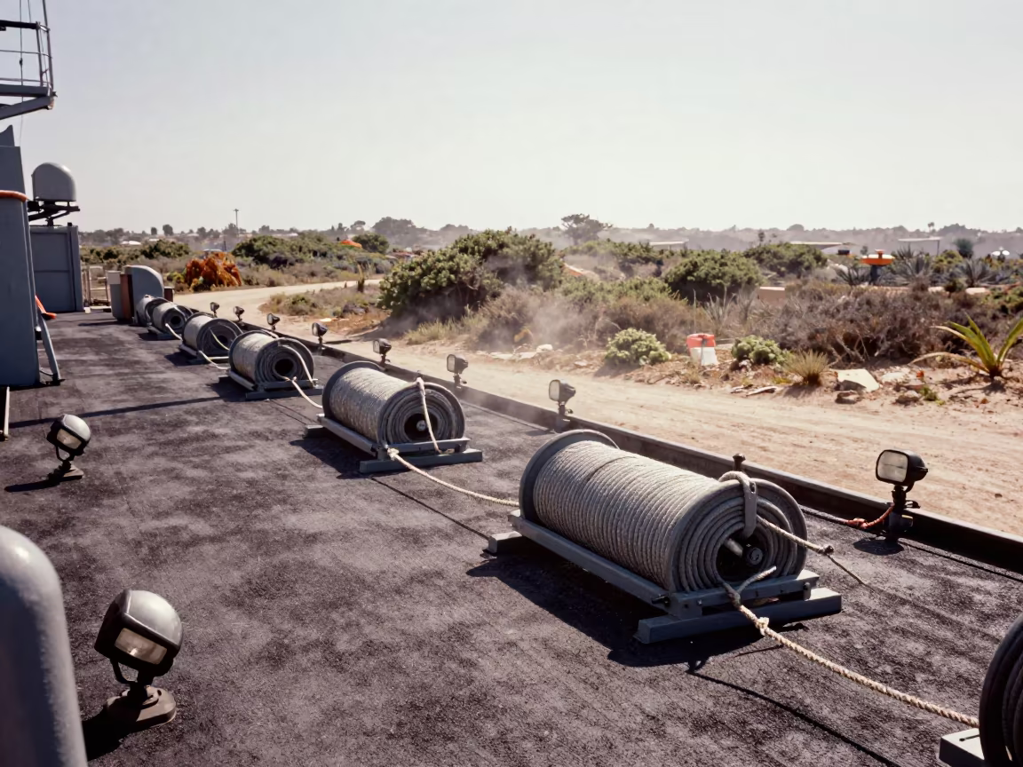 Naval Deck Coil Racks Under Noon Sun in beside a convoy halt on open ground in Portugal