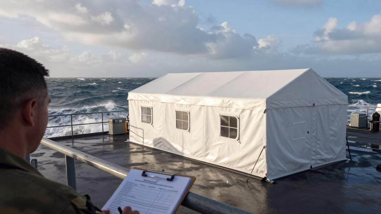 Naval Deck Field Hospital Storm Aftermath in on a naval deck in rough wind in Mary