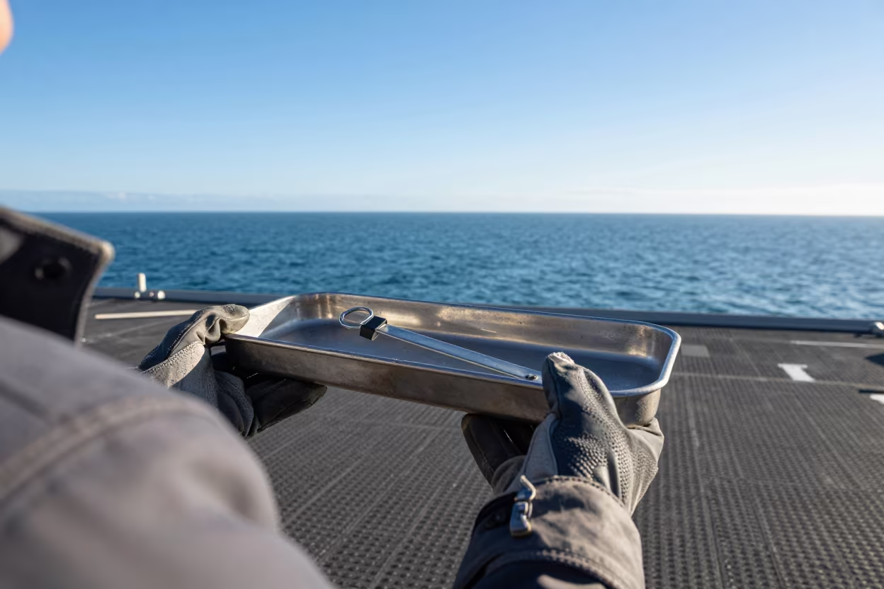Naval Deck Meal Clicker Tray Maintenance in on a naval deck in rough wind in Brittany