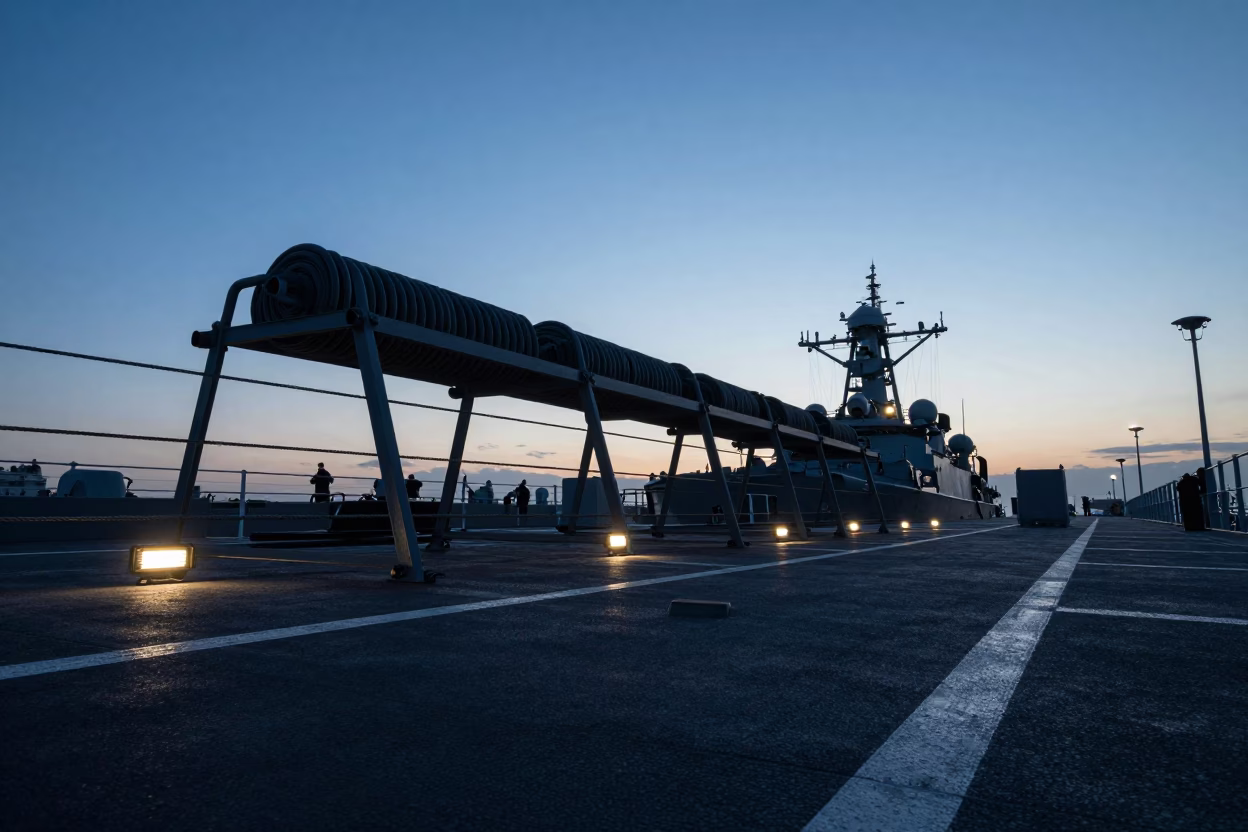 Naval deck silhouette under Barcelona blue hour in on a parade ground in Barcelona