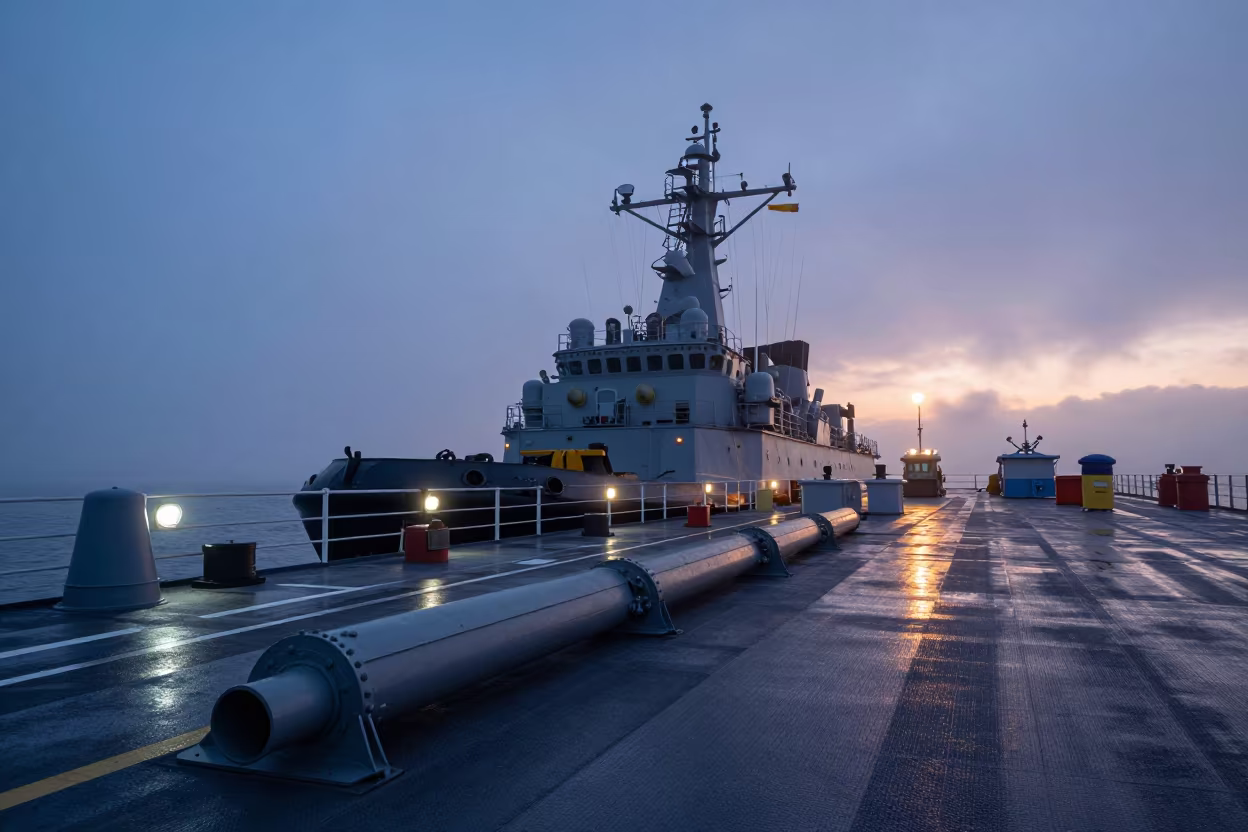Naval Deck Tow Hookup Storm Cleanup Twilight in on a naval deck in rough wind in Burgundy