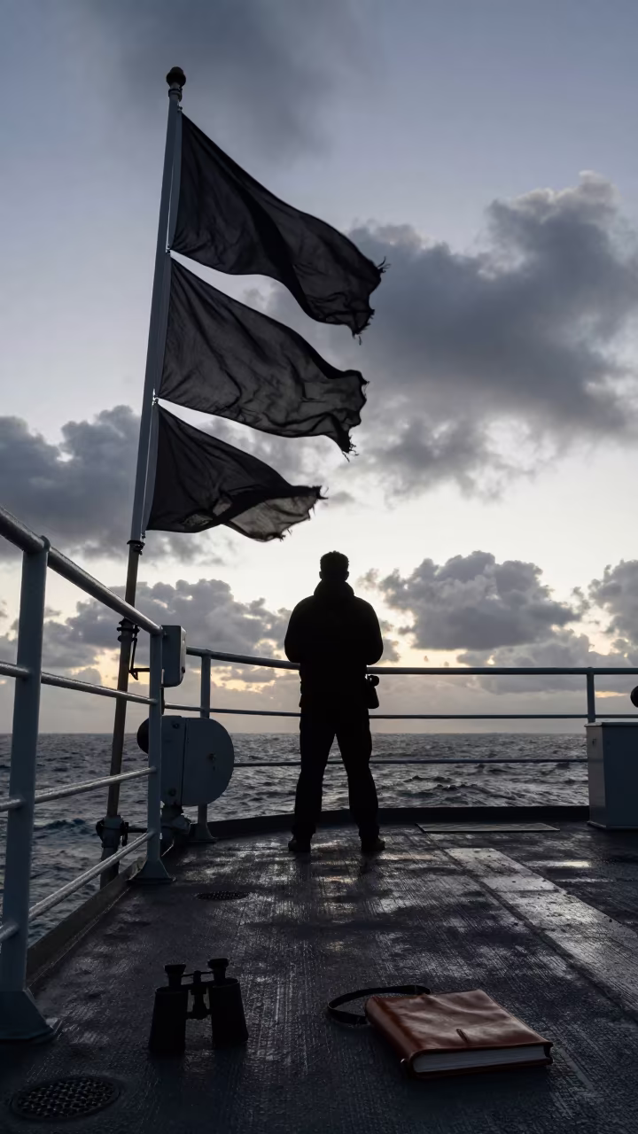 Naval Deck Watch at Dusk with Signal Flags in on a naval deck in rough wind in Queensland