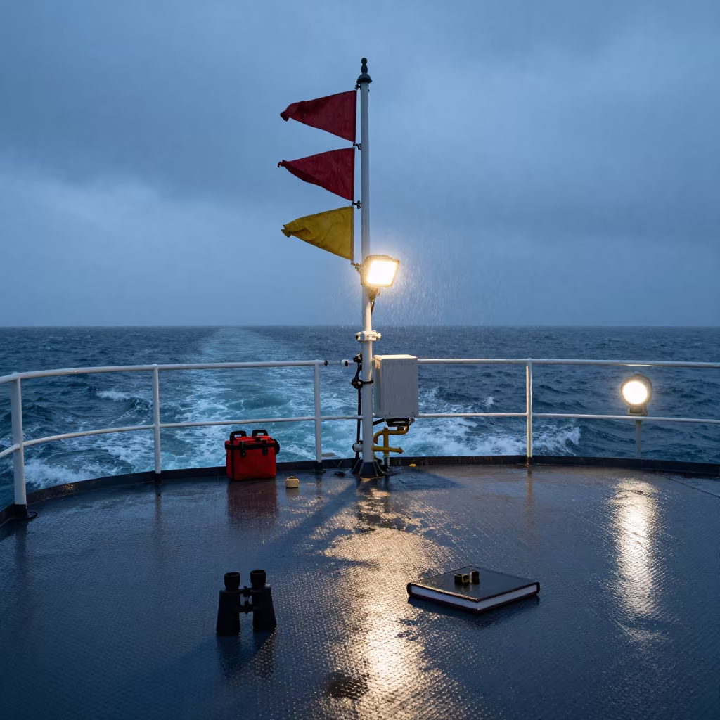 Naval Deck Watch at Dusk with Flags and Gear in on a naval deck in rough wind in Spain