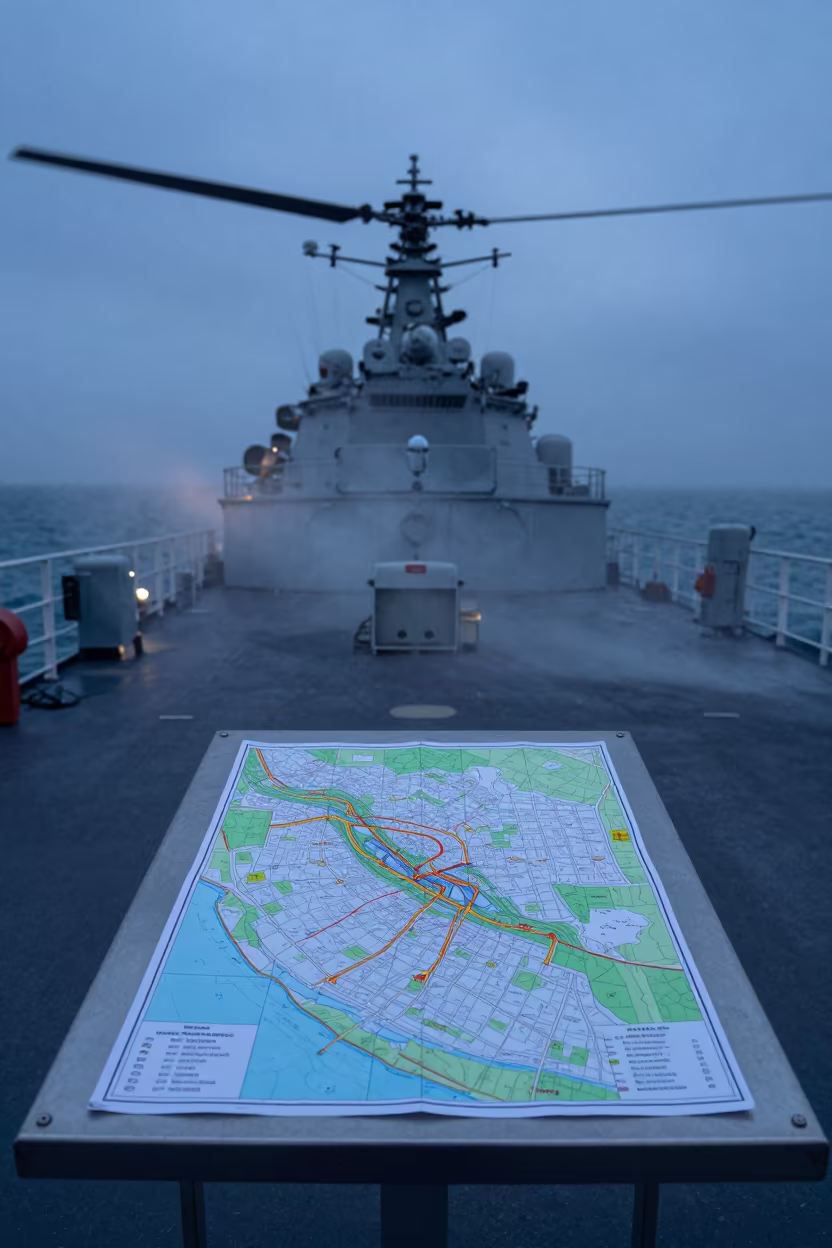 Naval Dispatch Map Drawer Twilight Nile Delta in on a naval deck in rough wind in the Nile Delta
