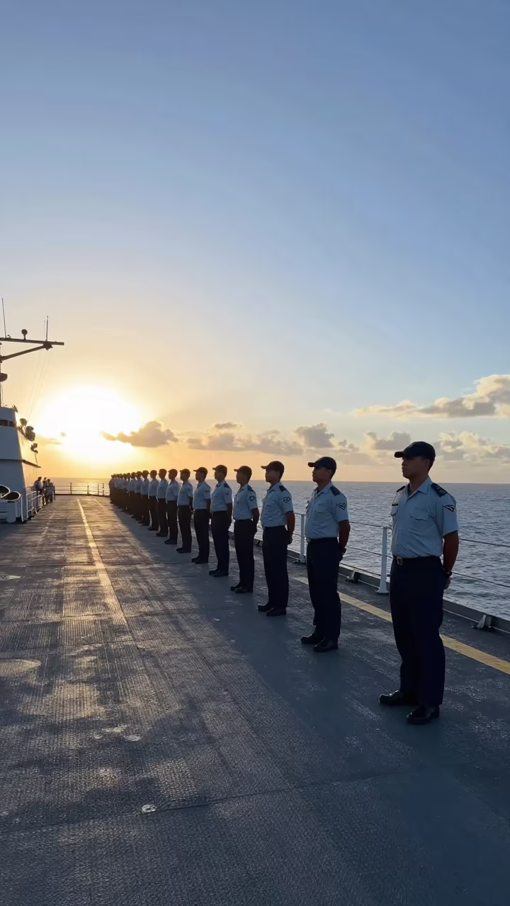 Naval Drill Line at Sunset in Colombia in on a naval deck in rough wind in Colombia