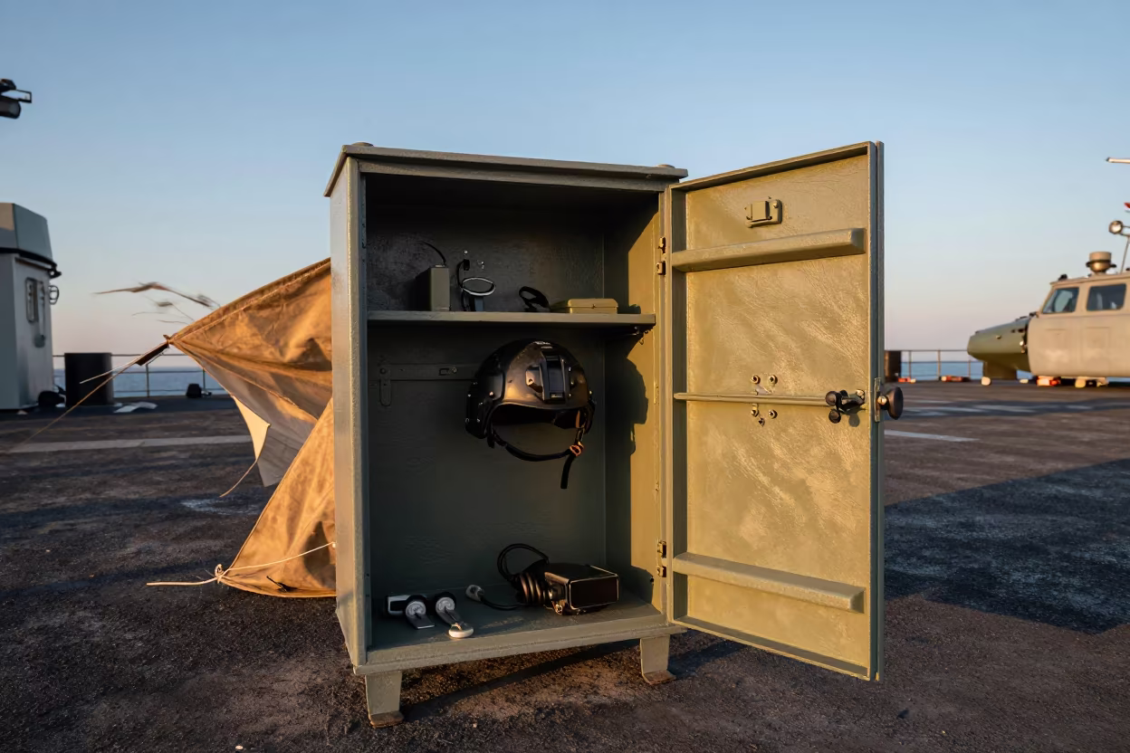 Naval Flight Helmet Cabinet on Samsun Deck in on a naval deck in rough wind in Samsun