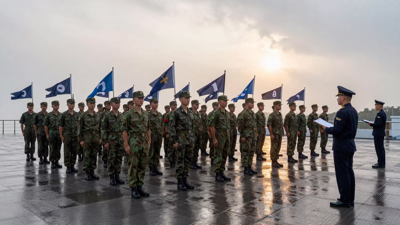 Naval Formation Inspection at Dawn in Monsoon Rain in on a naval deck in rough wind in Kasulu