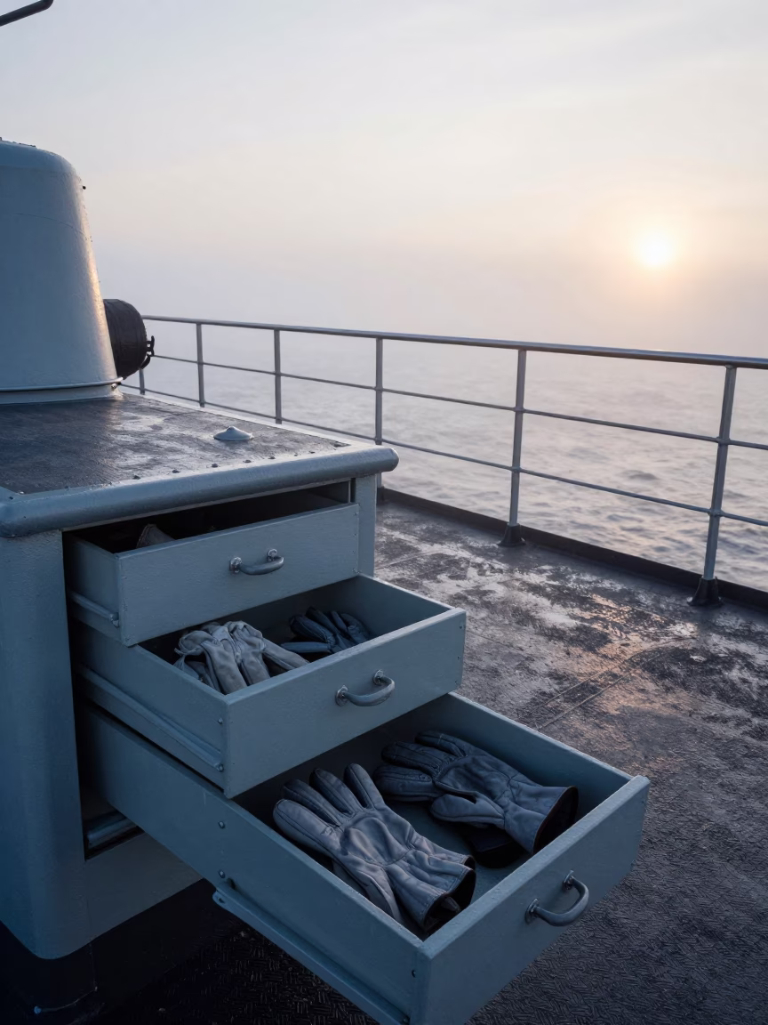 Naval Glove Drawer on German Deck in Winter Mist in on a naval deck in rough wind in Germany