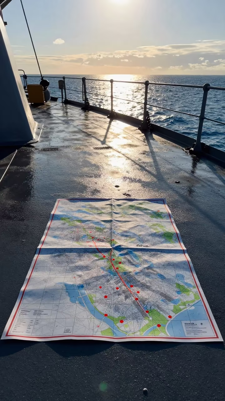Naval Map Grid on Deck at Golden Hour in on a naval deck in rough wind near Kanasín