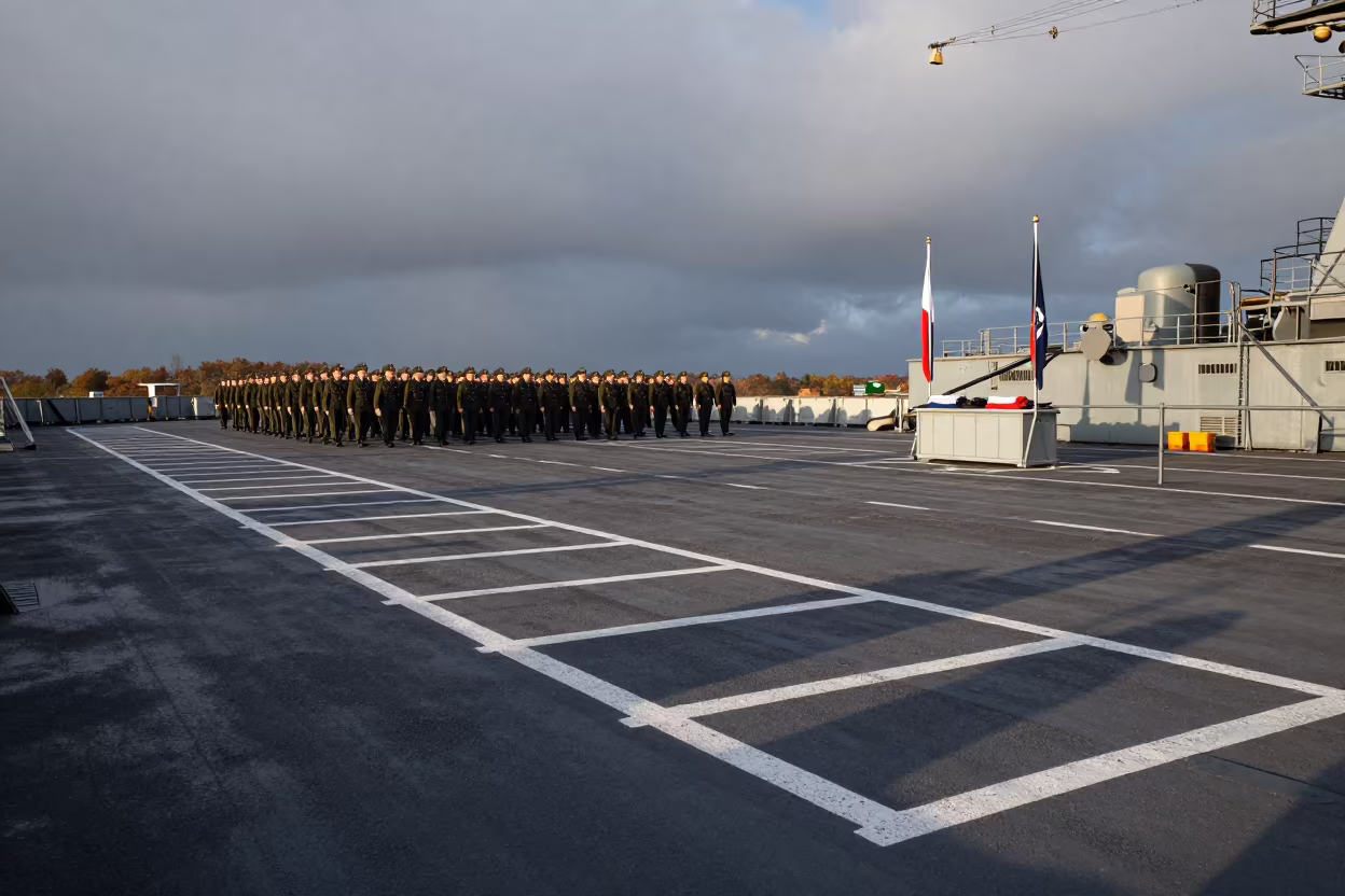 Naval Parade Ground Evening Shadows Cleveland in on a naval deck in rough wind near Cleveland