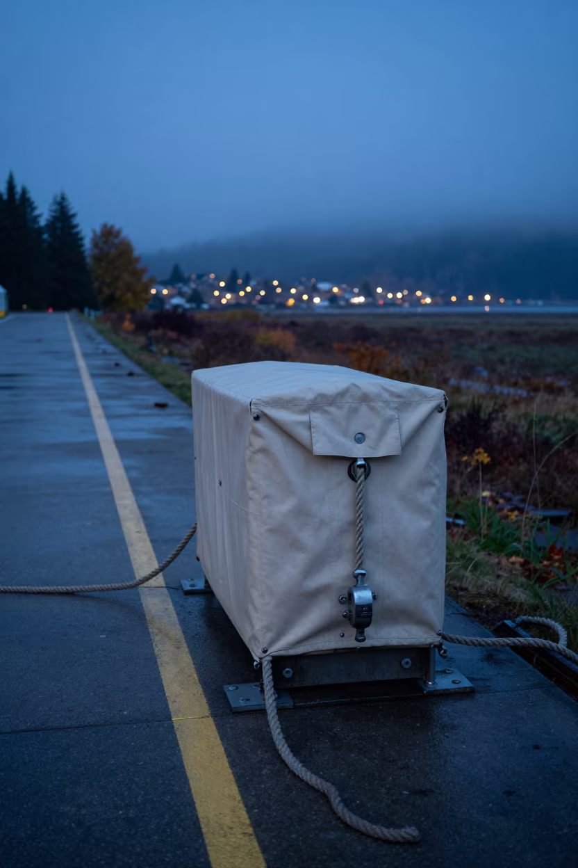 Naval Rope Locker on BC Flight Line at Twilight in along an airbase flight line in British Columbia
