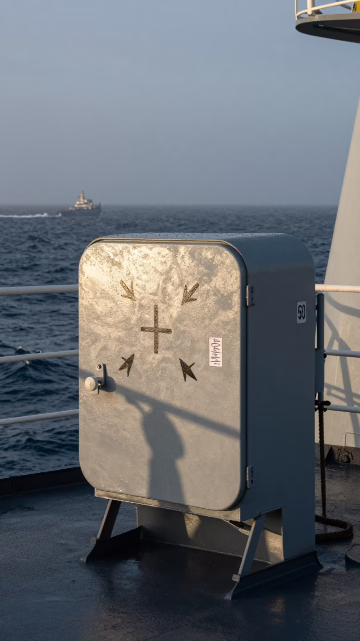 Naval Rope Locker with Grease Pencil Marks in on a naval deck in rough wind in Italy