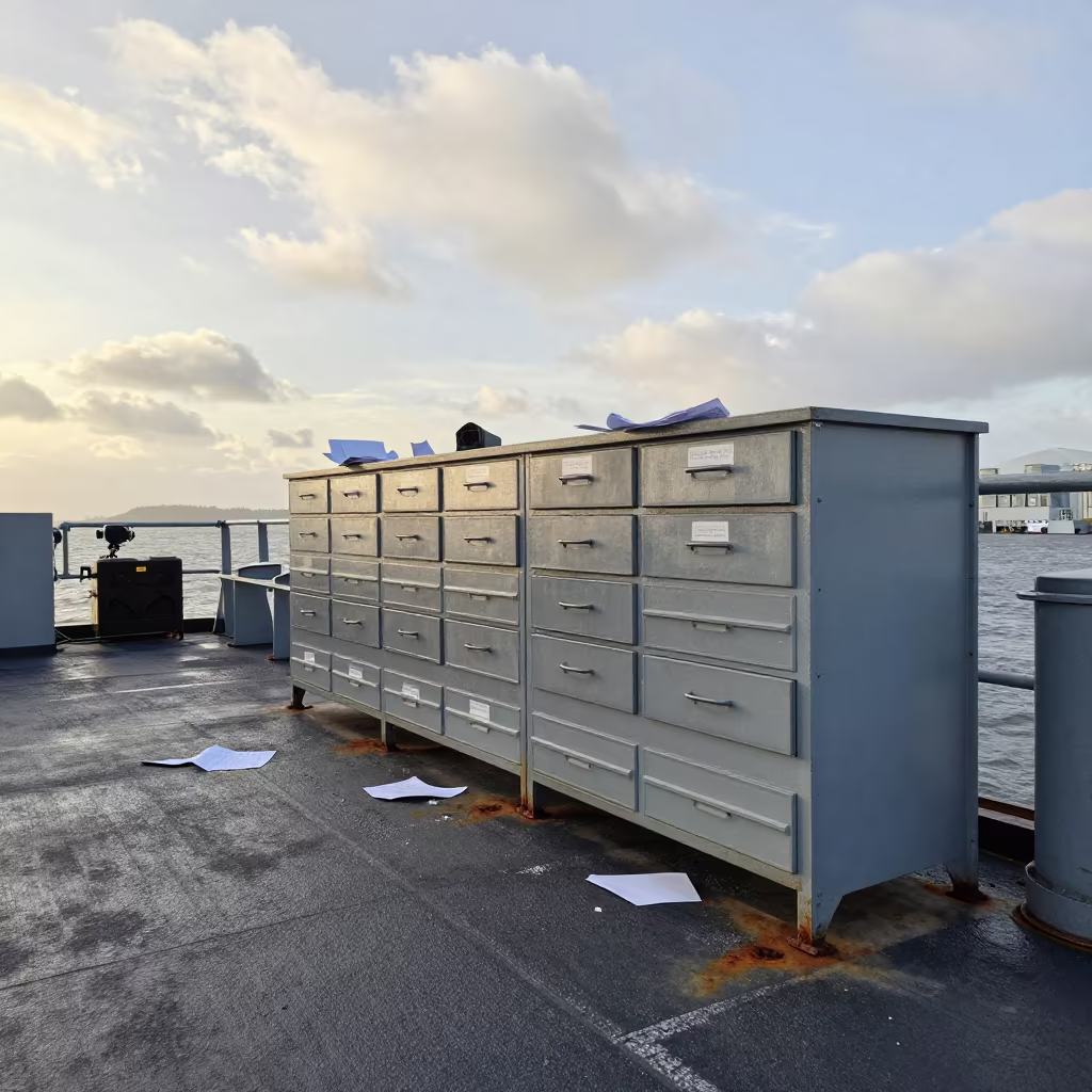 Naval Supply Drawer on Rough Deck in Late Afternoon in on a naval deck in rough wind near George Town