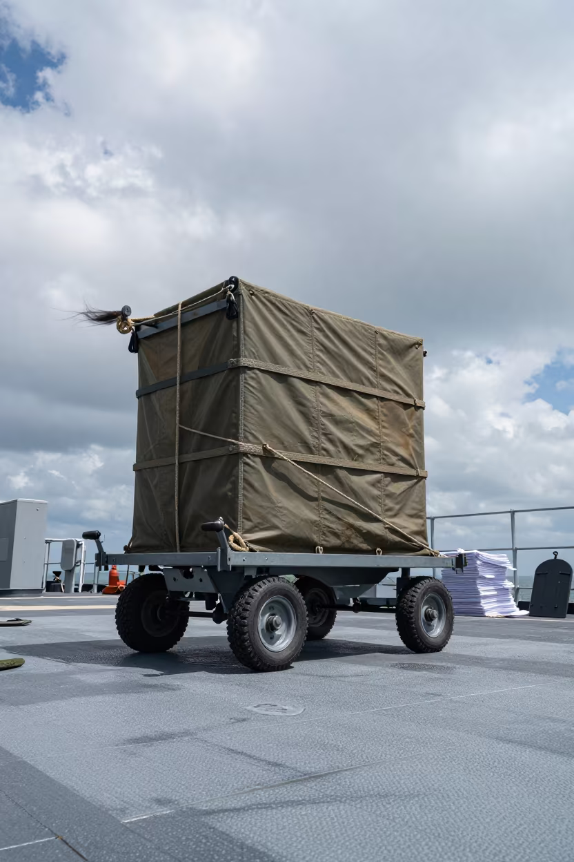 Naval Target Paster Cart on Senegal Deck in on a naval deck in rough wind in Senegal