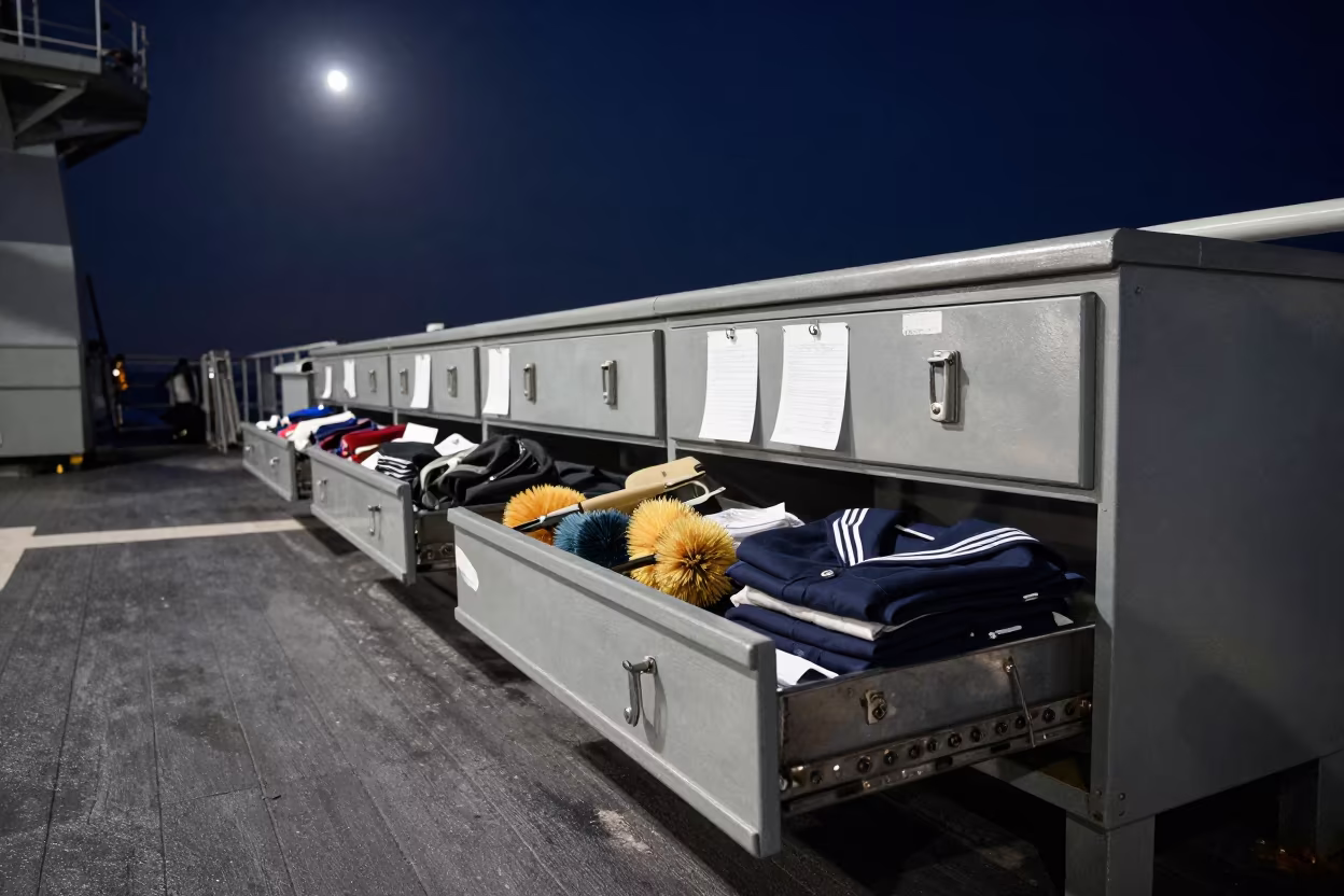 Naval Uniform Brush Drawer in Nagoya Night Wind in on a naval deck in rough wind near Nagoya