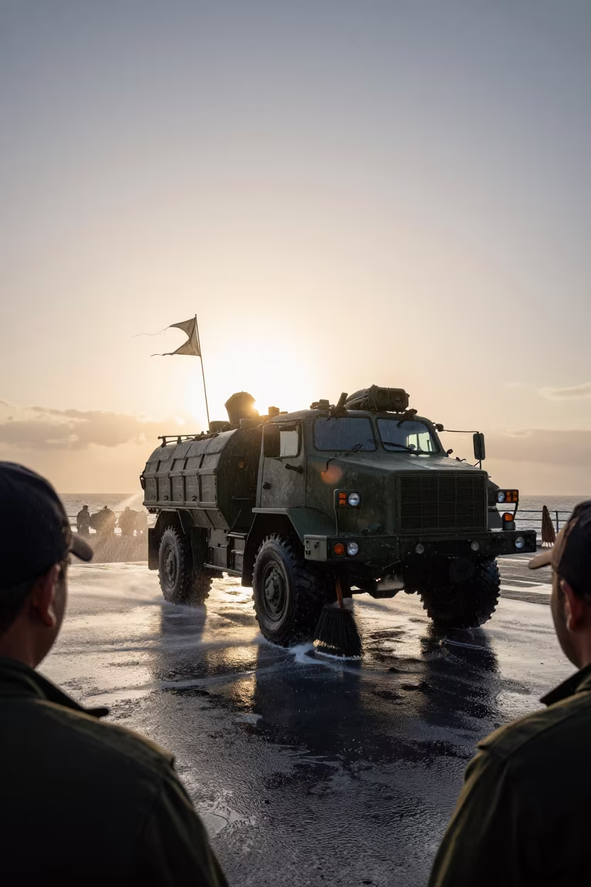 Naval Vehicle Washdown at Sunset in Tunisia in on a naval deck in rough wind in Tunisia
