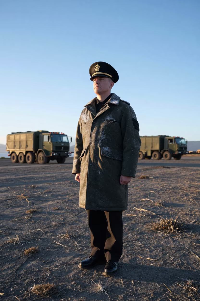 Naval Watch Officer in Cold Dawn Salt Spray in beside a convoy halt on open ground near San Francisco