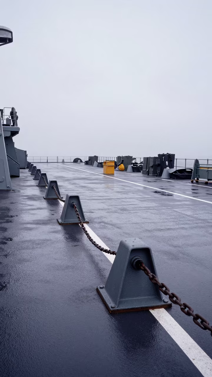 Naval Wheel Chock Chain Rack at Dusk in on a naval deck in rough wind in Biskra