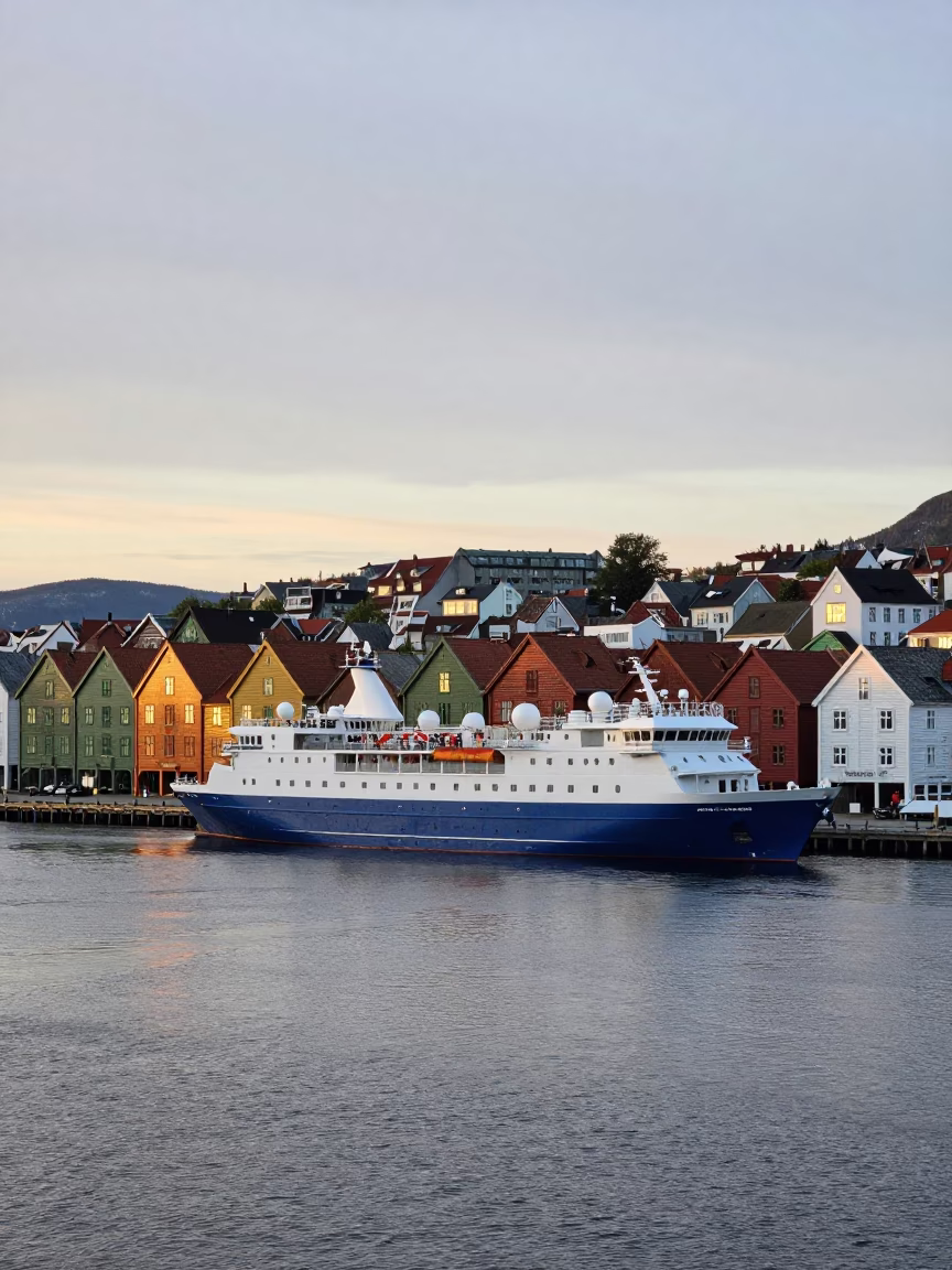 Navigating Harbor in Bergen at Nautical Dawn Light in in Bergen, Norway
