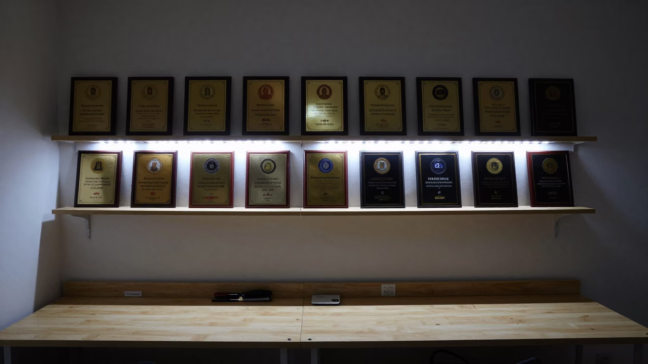 Navoiy Employee Recognition Shelf Night Workbench in on a wooden workbench in Navoiy