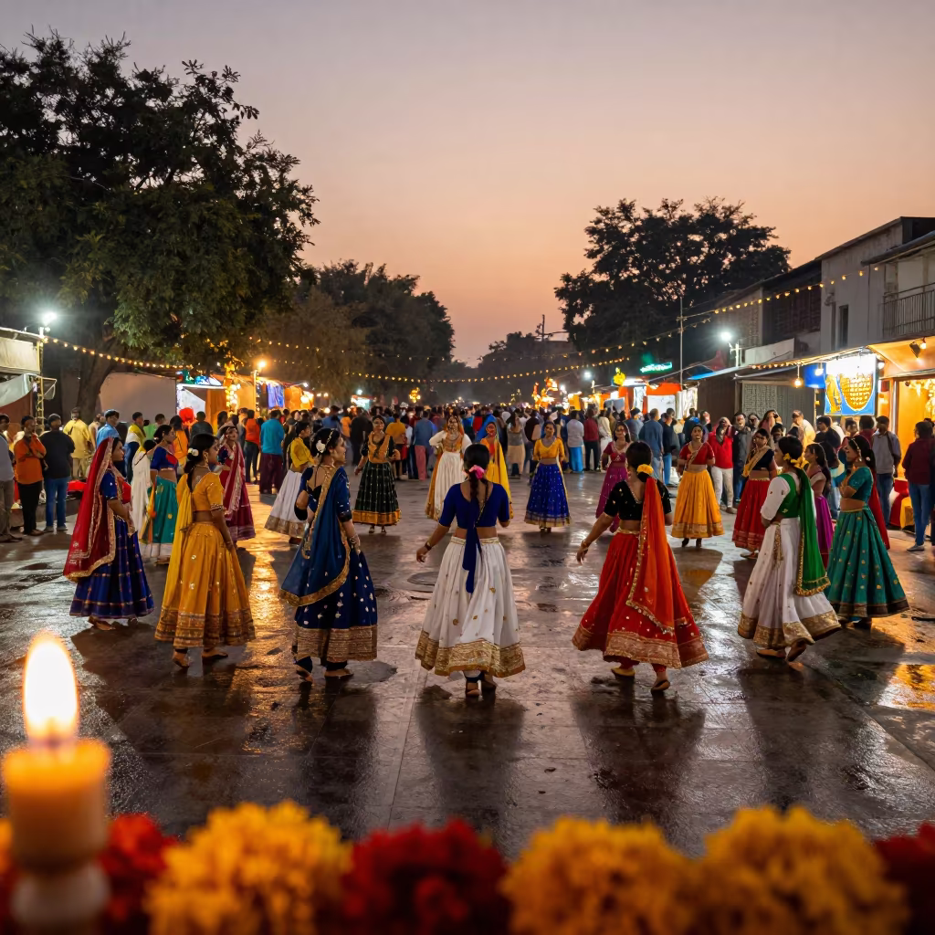 Navratri Garba Circle at Delhi Night Market Sunset in at a night market in Delhi