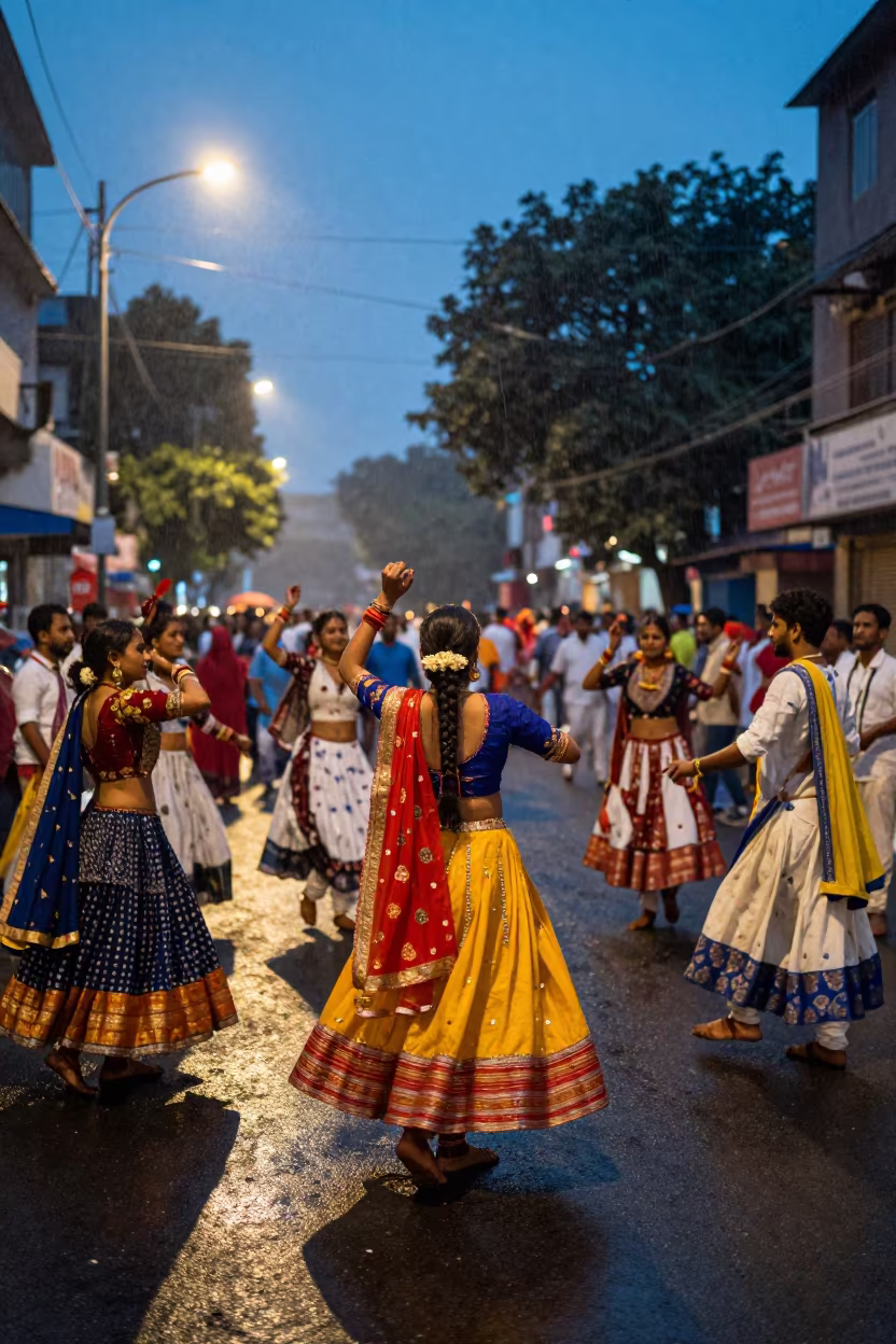 Navratri Garba Circle Under Kolkata Twilight Rain in at a festival street procession in Kolkata
