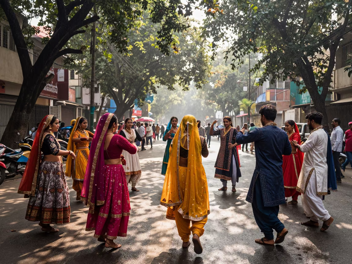 Navratri Garba Circle Under Leaves in Delhi Rain in at a festival street procession in Delhi