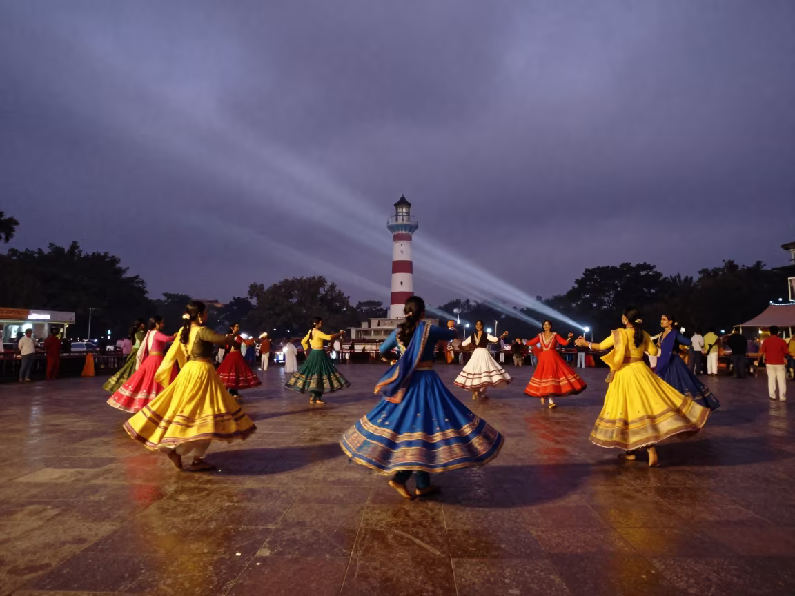 Navratri Garba Dance Under Lighthouse Lights Mumbai in at a public square during a festival near Kala Ghoda, Mumbai