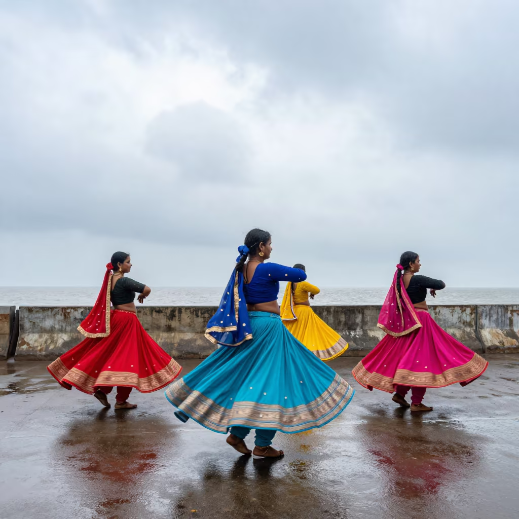 Colorful Navratri Garba Dance at Mumbai Waterfront in at a waterfront celebration near Mumbai