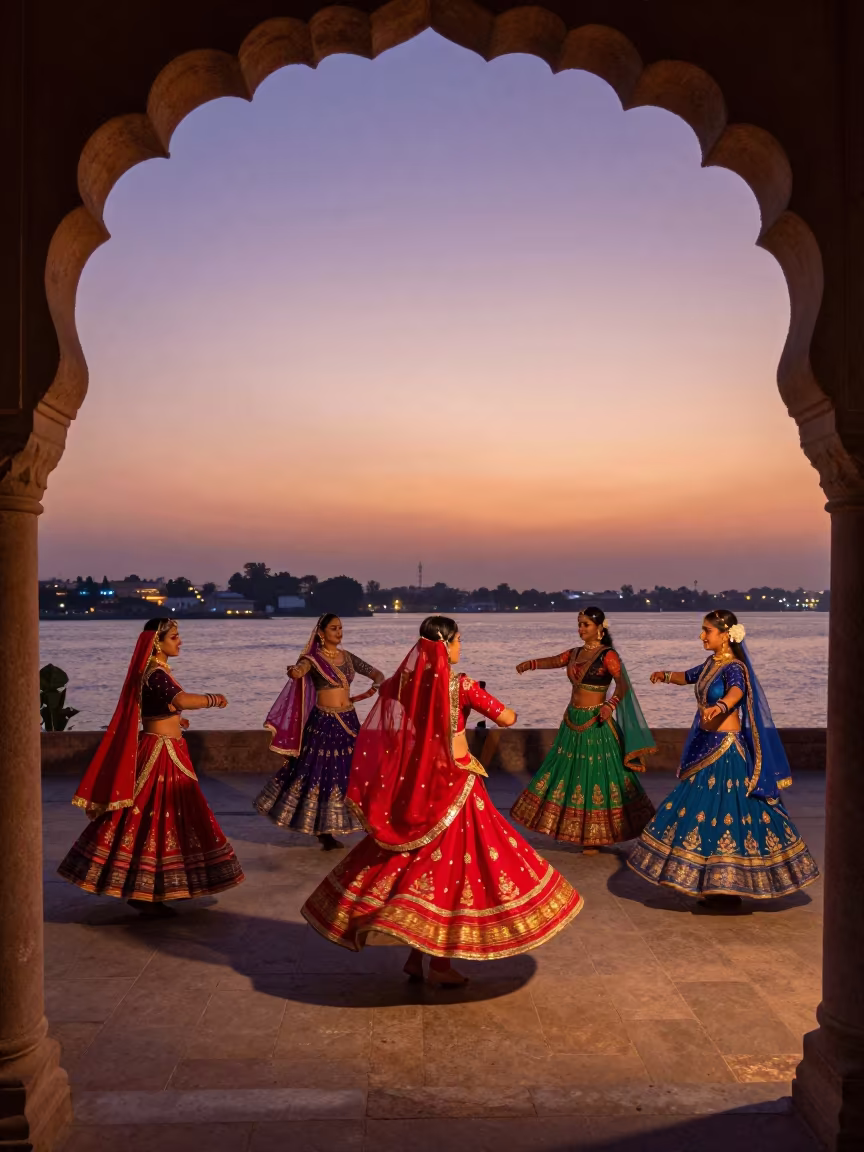 Navratri Garba Dancers at Jaipur Waterfront Twilight in at a waterfront celebration in C-Scheme, Jaipur
