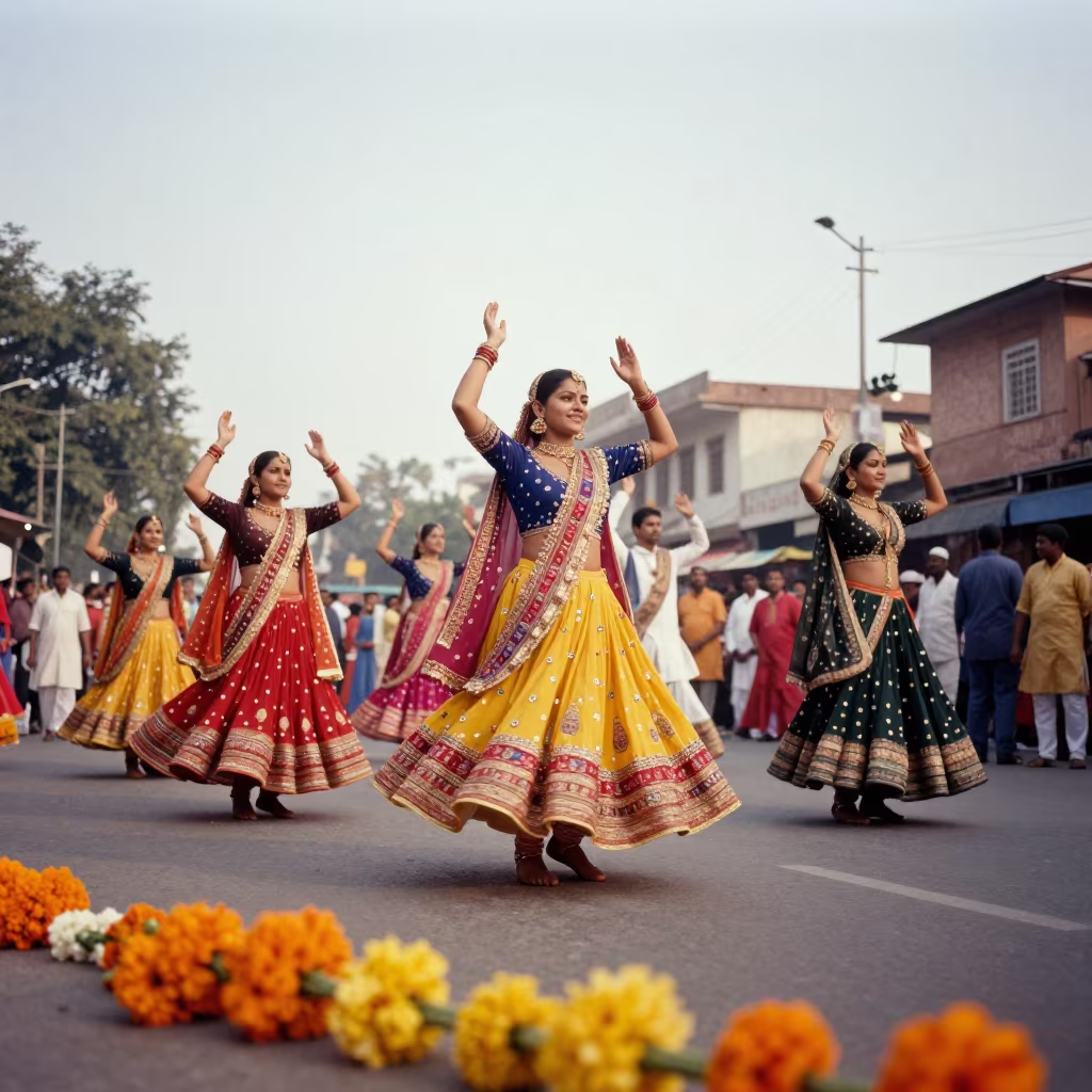 Navratri Garba Dancers in Karol Bagh Street in at a festival street procession in Karol Bagh, Delhi