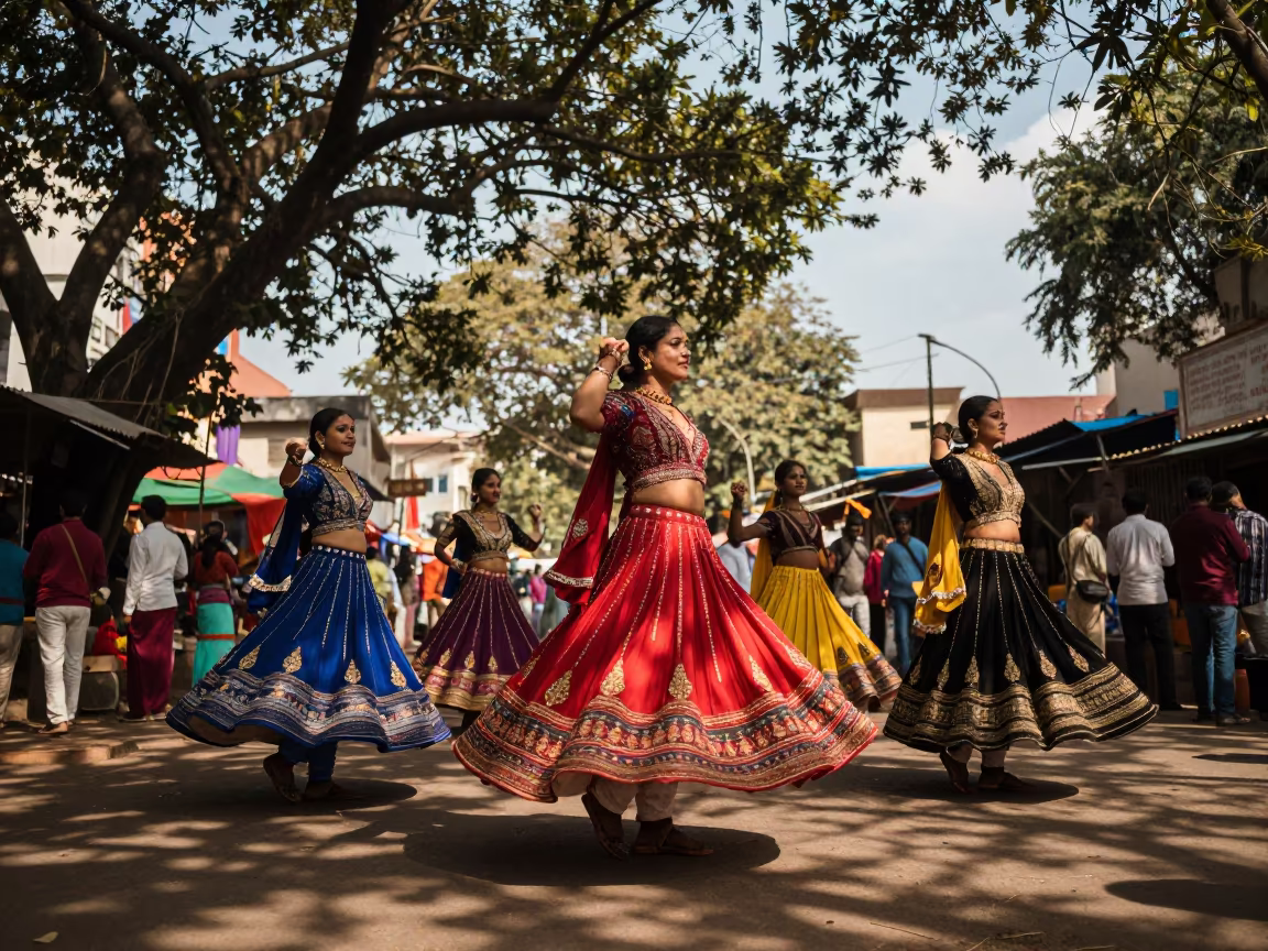 Navratri Garba Spinning Skirts in Dappled Light in at a night market in Mumbai