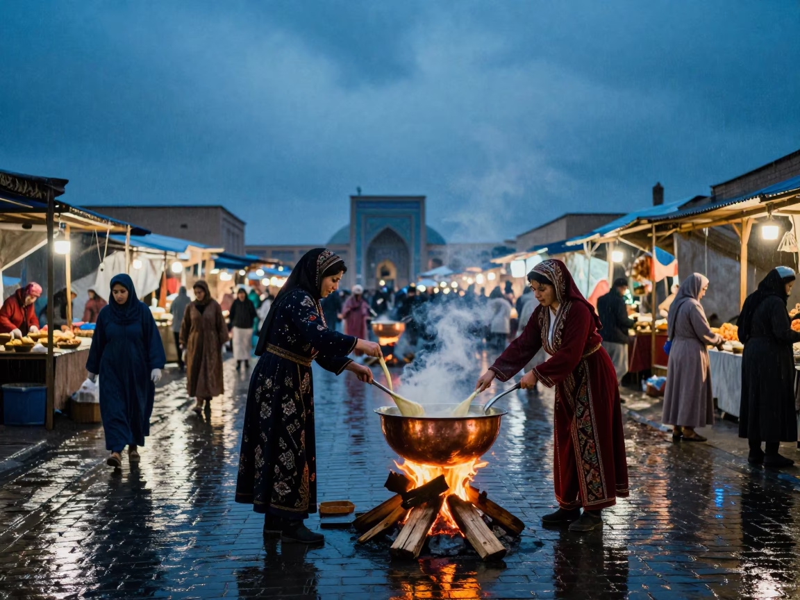 Navruz Sumalak Stirring at Harar Night Market in at a night market in Harar