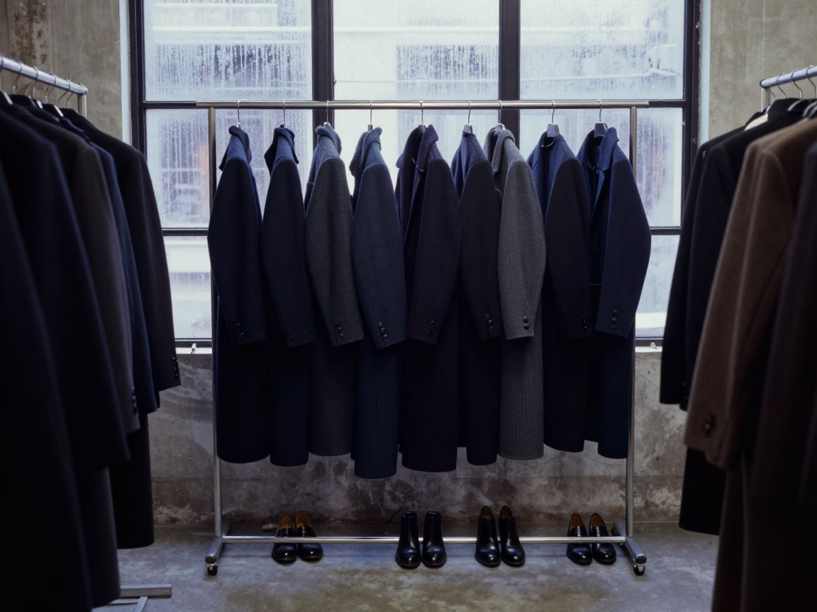 Navy Coats Under Dawn Light in Shanghai Atelier in inside a couture atelier in Old City, Shanghai