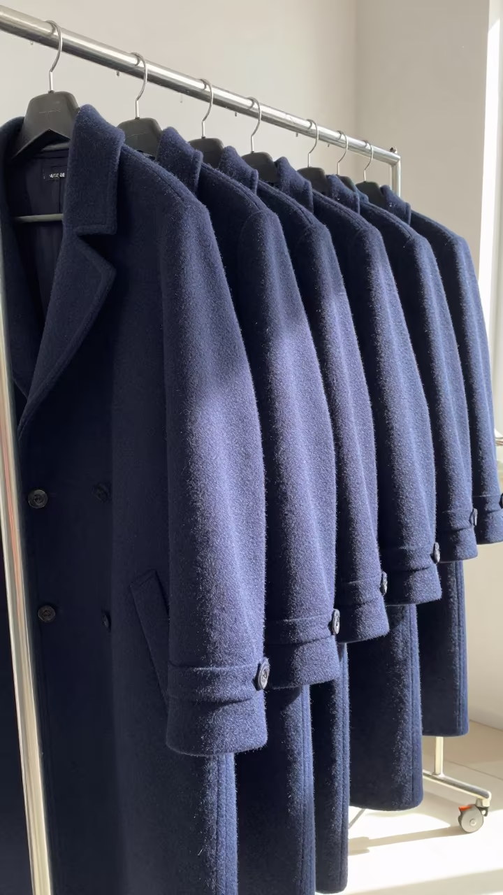 Navy Peacoats on Rail in Mar del Plata Atelier in inside a couture atelier near Mar del Plata