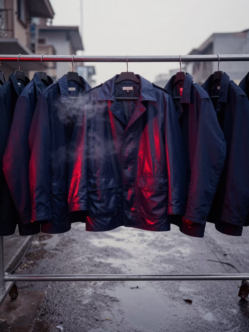 Navy Peacoats on Rail in Mirpur Khas Pre-Dawn in on a rain-darkened city sidewalk in Mirpur Khas