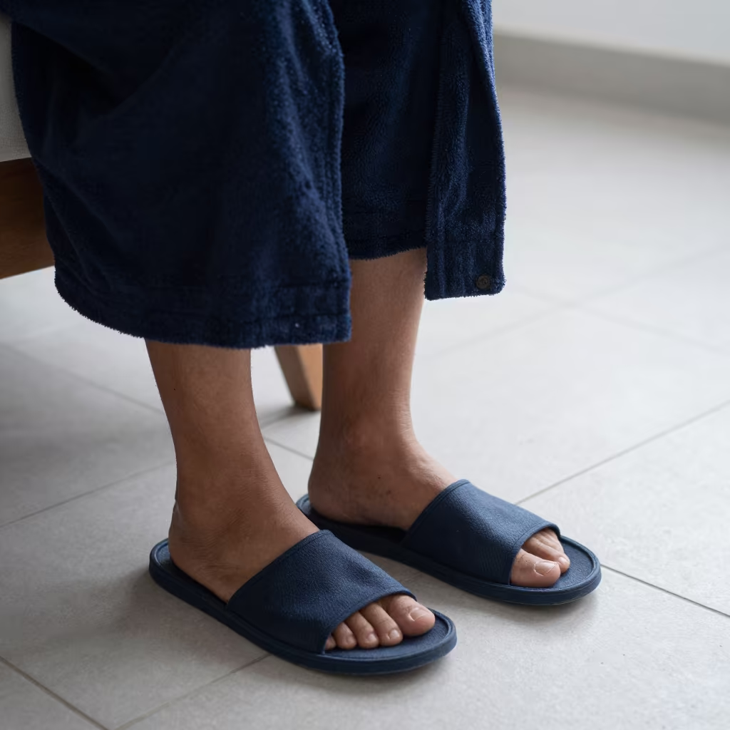 Navy Robe and Slippers on Tiled Floor in on a reading nook cushion in Higüey
