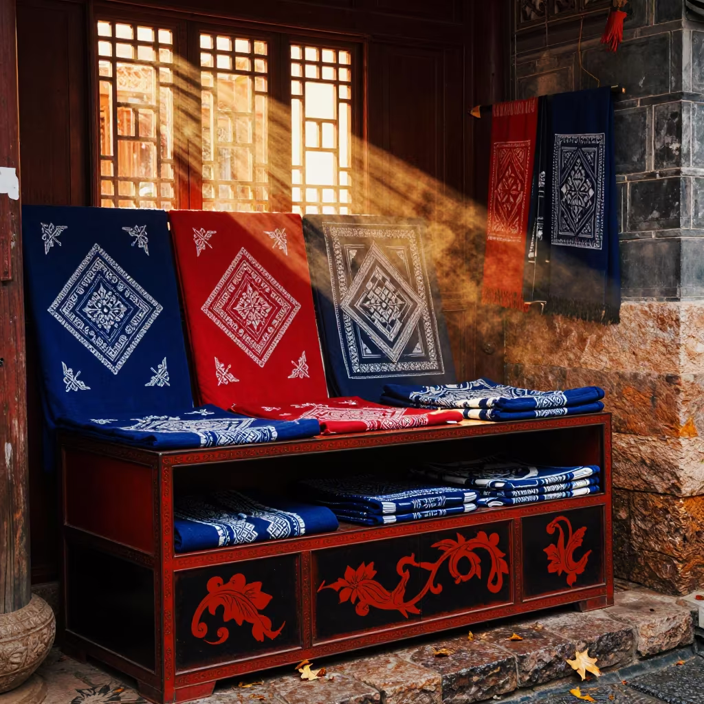 Naxi Textiles on Lacquered Shelf Lijiang in on a lacquered display shelf near Lijiang