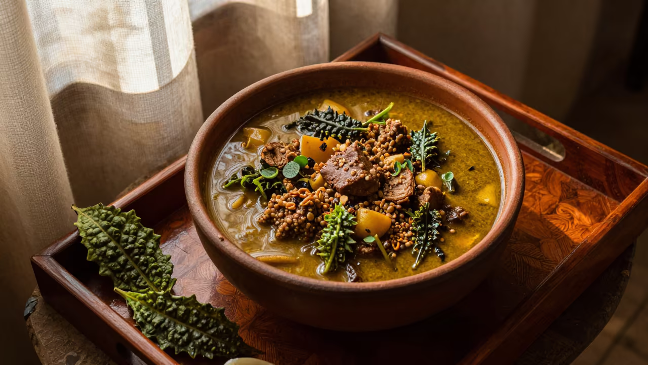 Ndole Stew Bowl on Lacquered Tray Before Dawn in on a lacquered tray in Maxixe