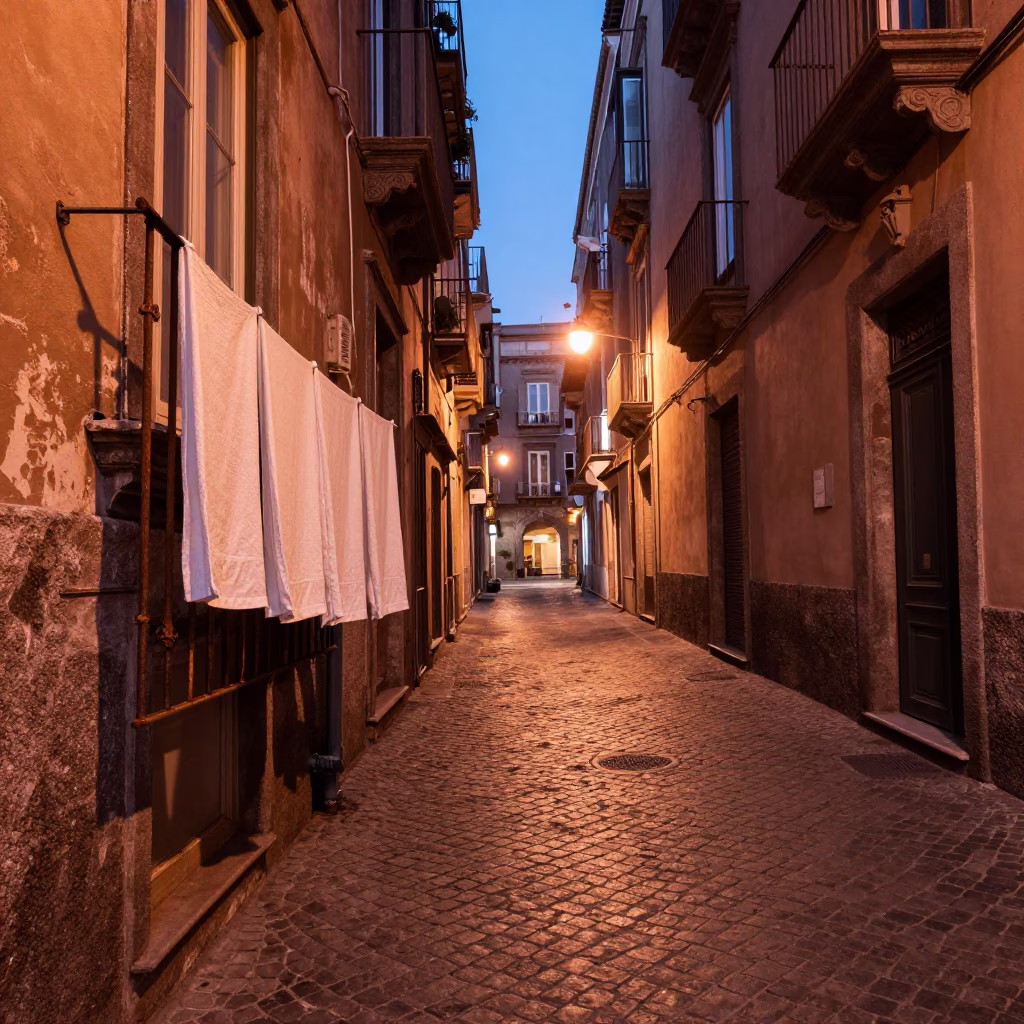 Neapolitan Alleyway in Naples at Copper-toned Light Before Dusk in in Naples, Italy