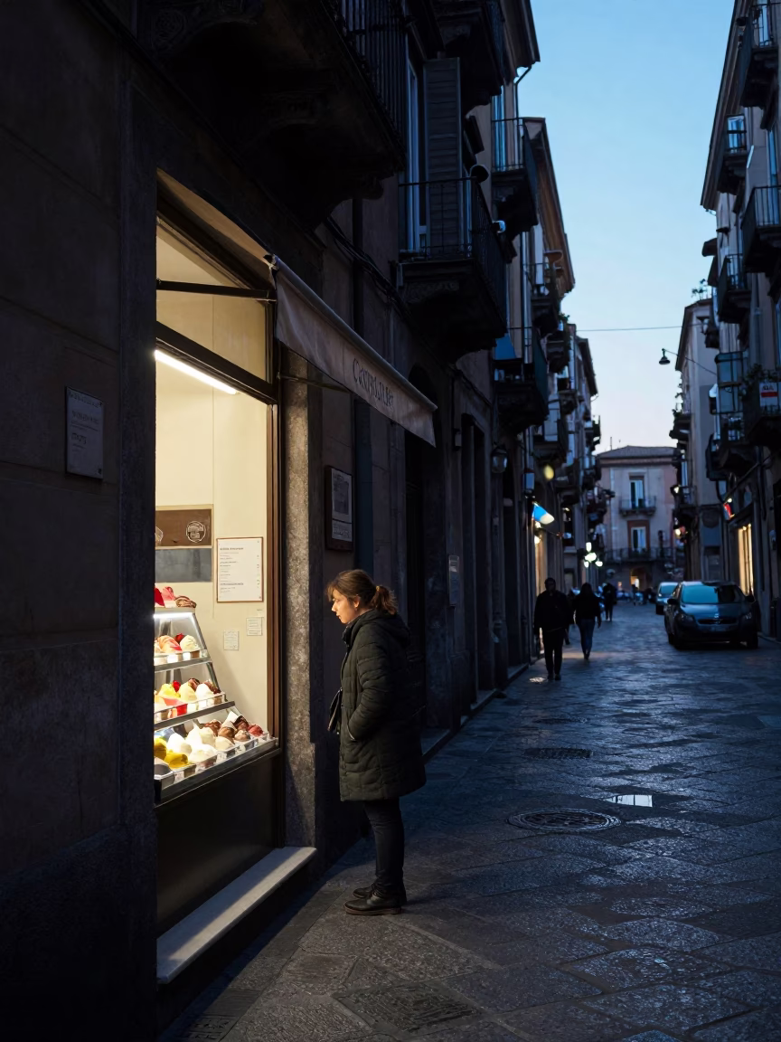 Neapolitan Dawn Street Scene with Gelato Display and Urban Concrete Details in in Naples, Italy