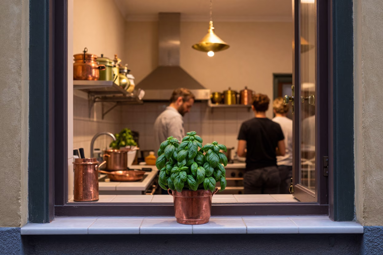 Neapolitan Kitchen Window with Basil and Brass Fixtures in Evening Light in in Naples, Italy