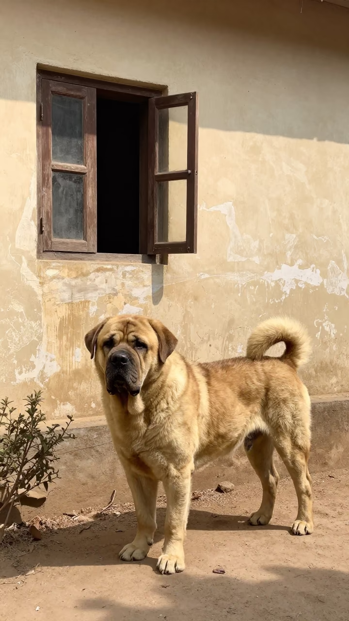 Neapolitan Mastiff in Jalgaon Courtyard in beside a plain courtyard wall in clear daylight with the animal at eye level in Jalgaon