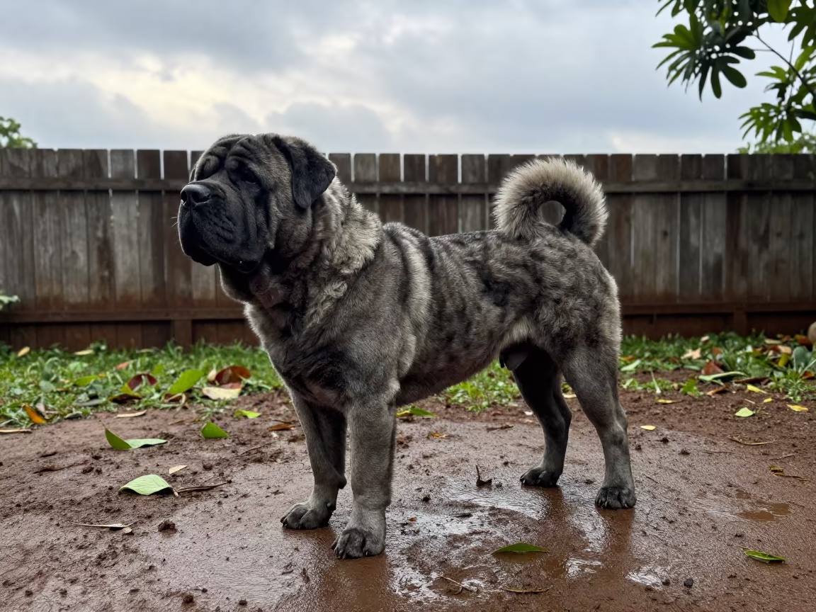 Neapolitan Mastiff in Phnom Penh Garden Morning in near a garden edge with soft morning light and an uncluttered background in Russian Market, Phnom Penh