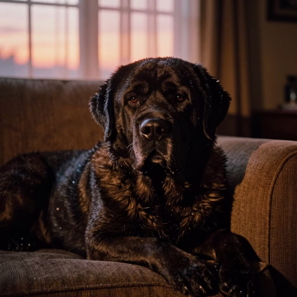 Neapolitan Mastiff Portrait in Amber Light in on a sofa near a curtained window with calm indoor light in Negombo