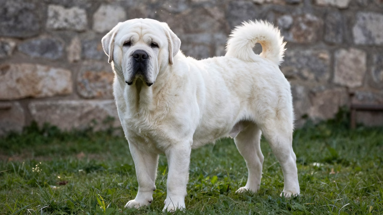 Neapolitan Mastiff Portrait in Tripoli Yard in in a small yard with clipped grass, calm light, and the animal centered in frame near Tripoli