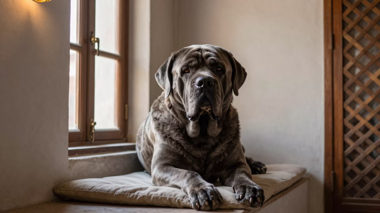 Neapolitan Mastiff Portrait on Peshawar Window Seat in on a cushioned window seat with soft side light and an uncluttered background in Peshawar