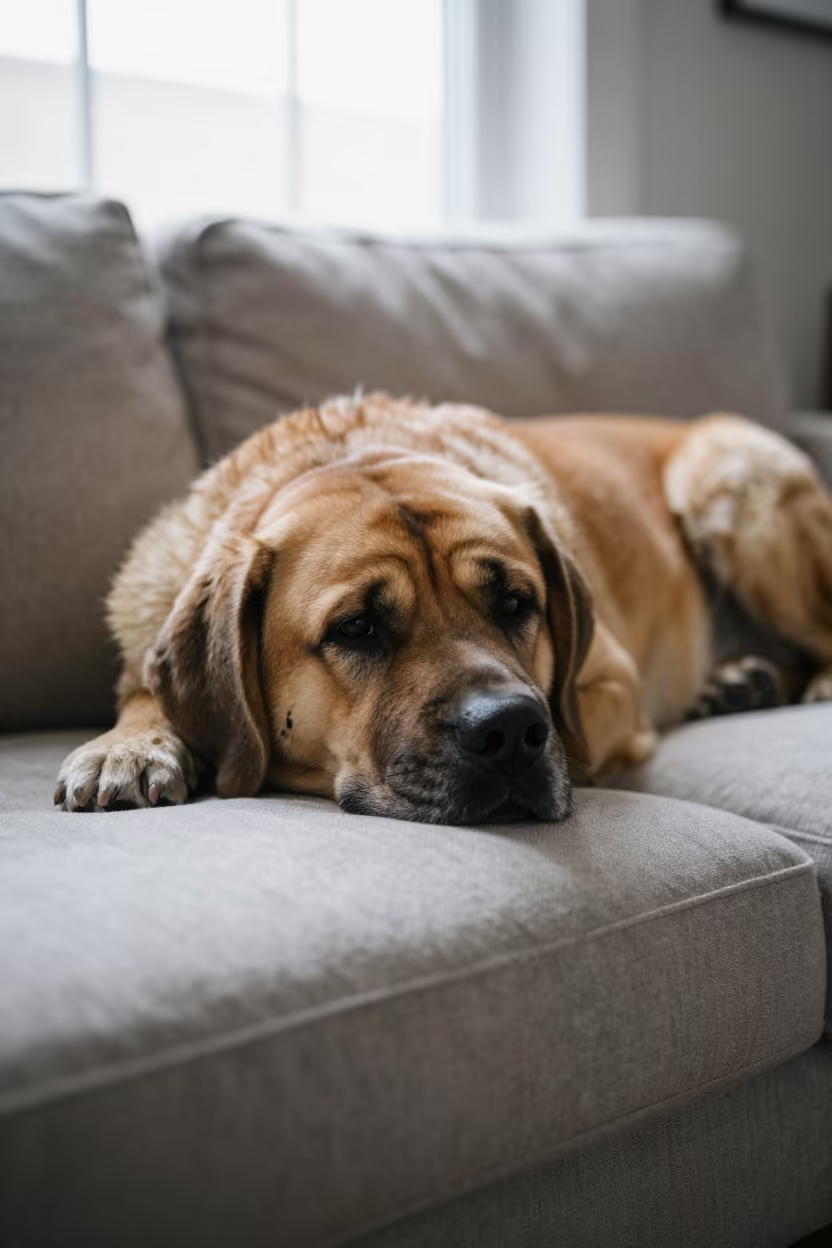 Neapolitan Mastiff Resting on Linen Sofa in on a linen sofa with daylight from a nearby window in Portsmouth