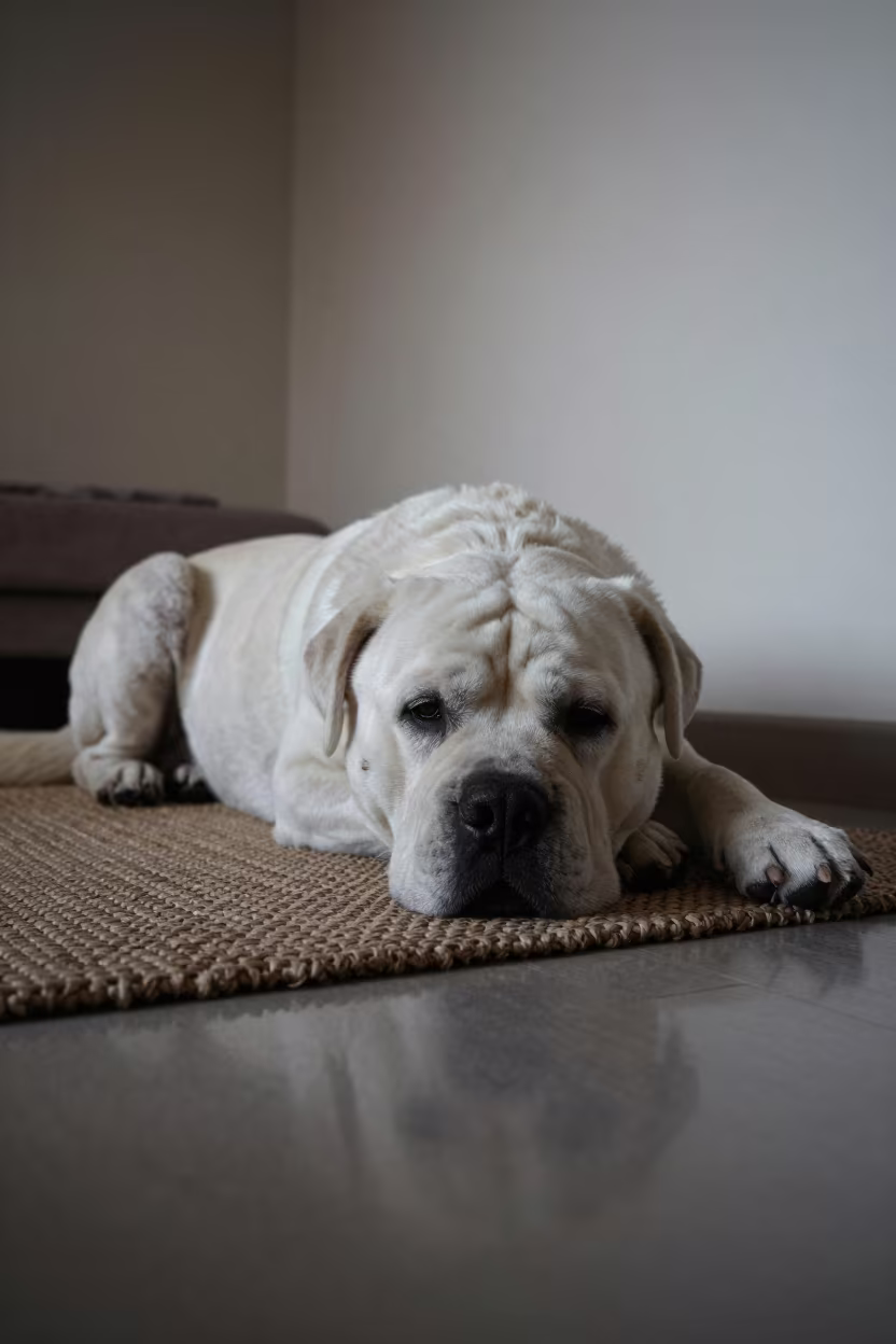 Neapolitan Mastiff Resting on Woven Rug in on a woven rug beside a low couch and an uncluttered wall in Batman